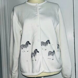 Vintage Cotton Knit Cardigan Sweater • Embroidered Zebras